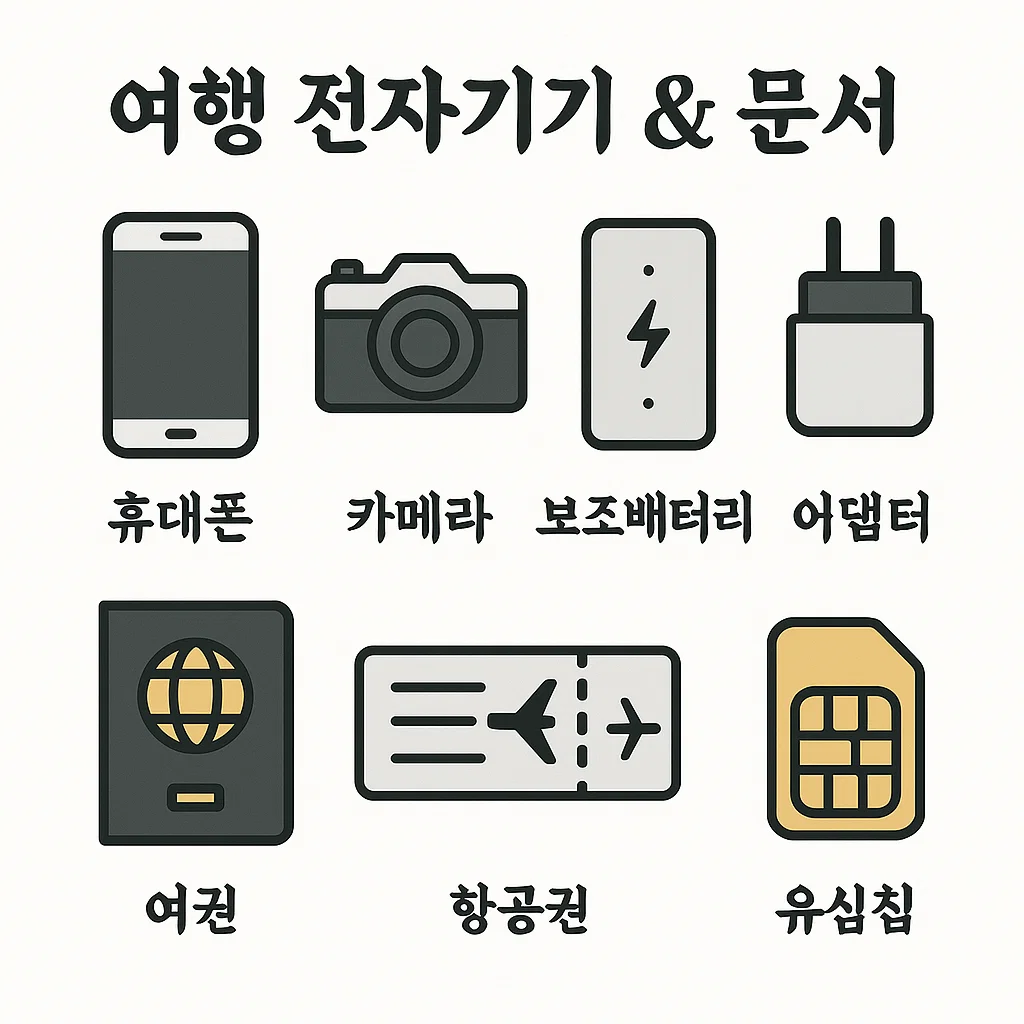 스마트폰, 카메라, 여권 등 필수 전자제품과 문서를 정리한 시각자료