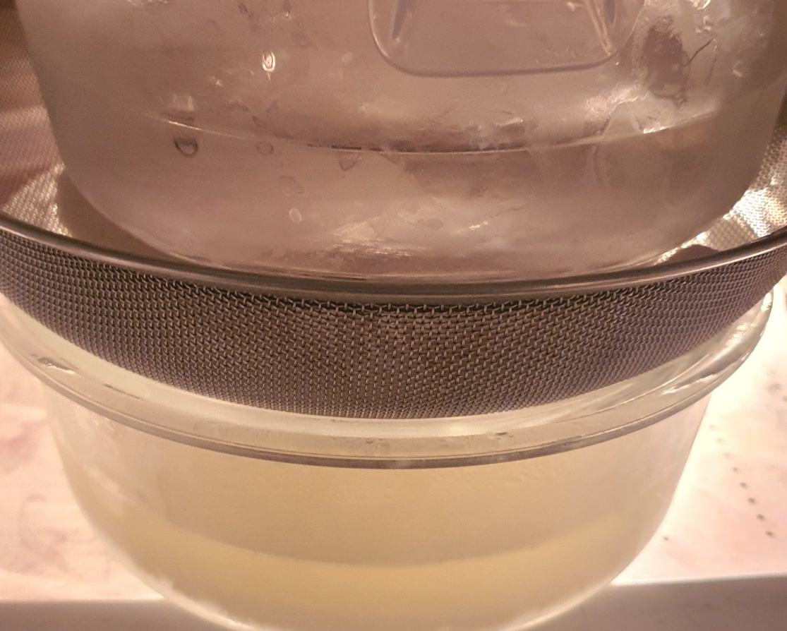 면보에 요거트를 넣어 누름 그릇으로 누른 모습