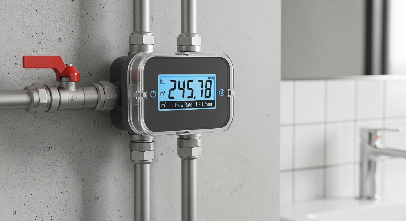 화장실 벽에 부착된 전자식 수도 계량기 디스플레이 화면