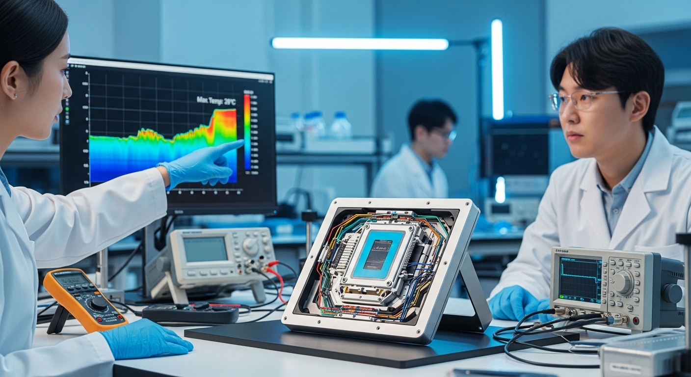 a next-generation solid-state battery module on a laboratory workbench, surrounded by Korean researchers wearing lab coats and precision gloves