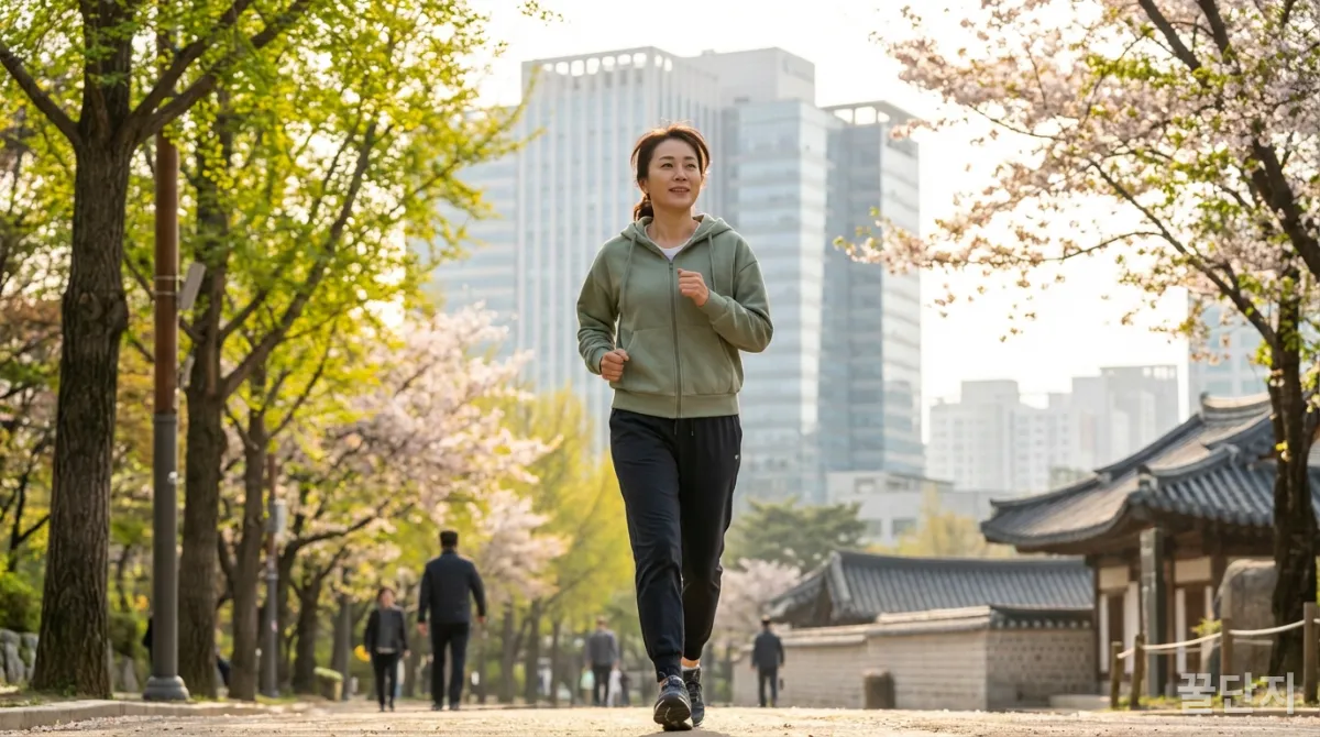 혈당 스파이크 관리를 위해 식후 산책하는 한국인의 모습