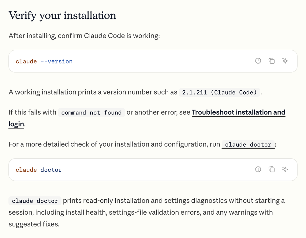 Claude Code 공식 설치 문서의 Verify your installation 섹션, claude --version과 claude doctor 확인 방법
