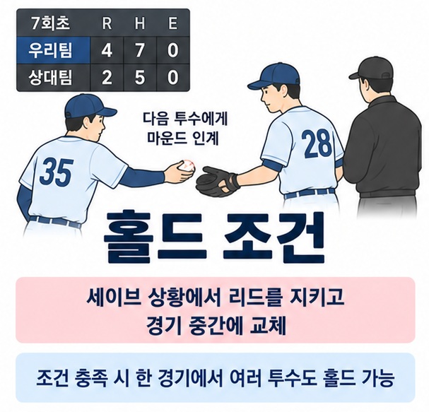 홀드 조건과 세이브 상황에서 중간계투가 리드를 지키고 교체되는 과정을 보여주는 야구 교육용 이미지