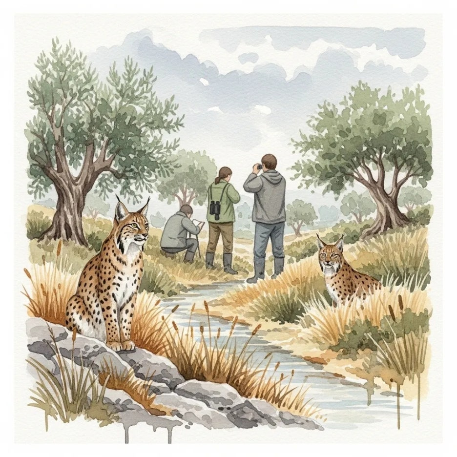 야생 시라소니를 조용히 관찰하는 연구원들