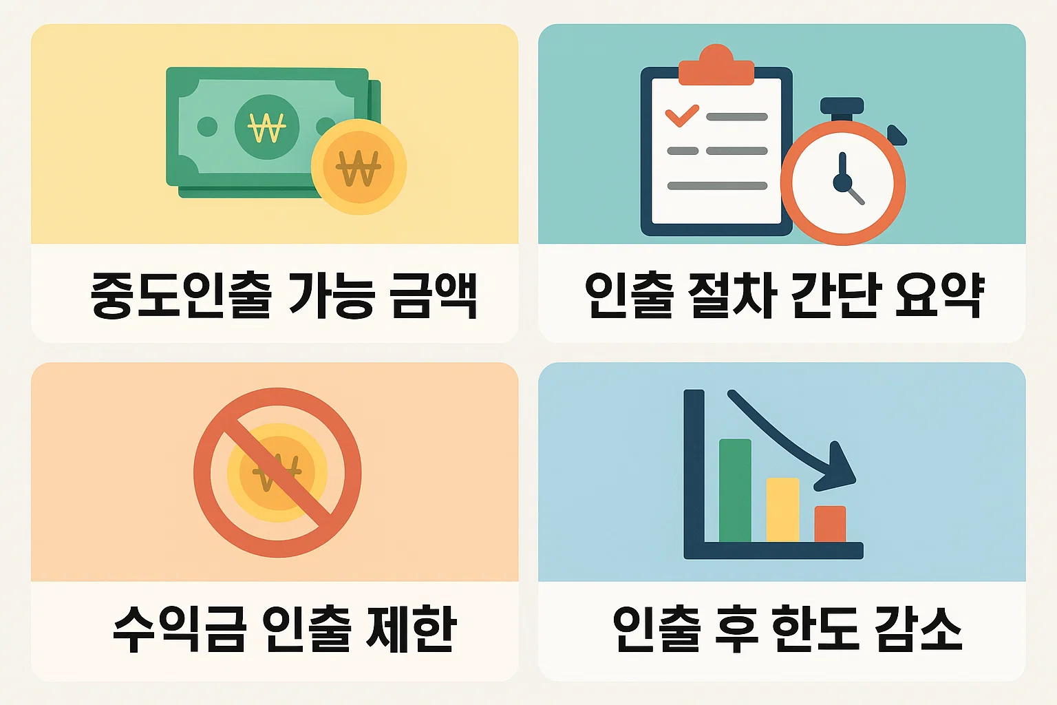 ISA 계좌 중도인출 가능 금액, 수익금 인출 제한, 인출 후 한도 감소 등 핵심 규정을 2025년 기준으로 간단히 정리한 정보형 인포그래픽 이미지