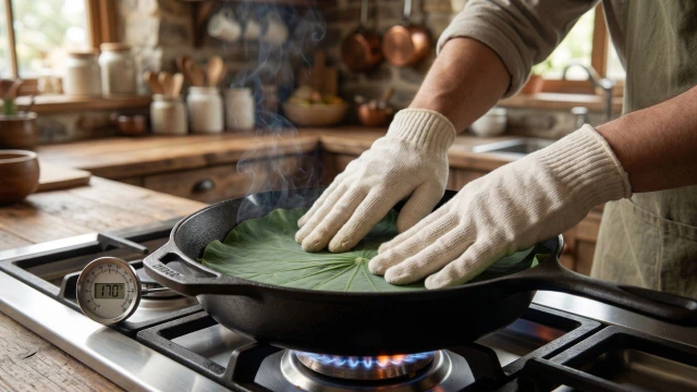 연잎 덖음 과정, 무쇠 팬에서 160-180도 덖는 장면