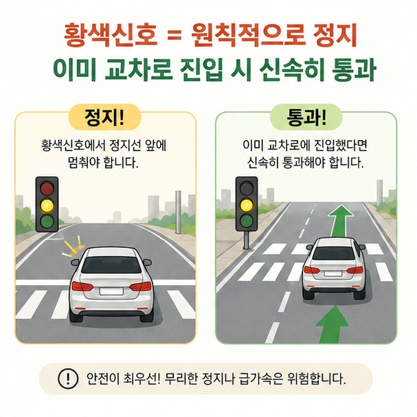황색신호에서는 교차로 진입 전 정지하고 이미 진입한 차량은 신속하게 교차로를 빠져나가야 한다는 내용을 설명한 이미지