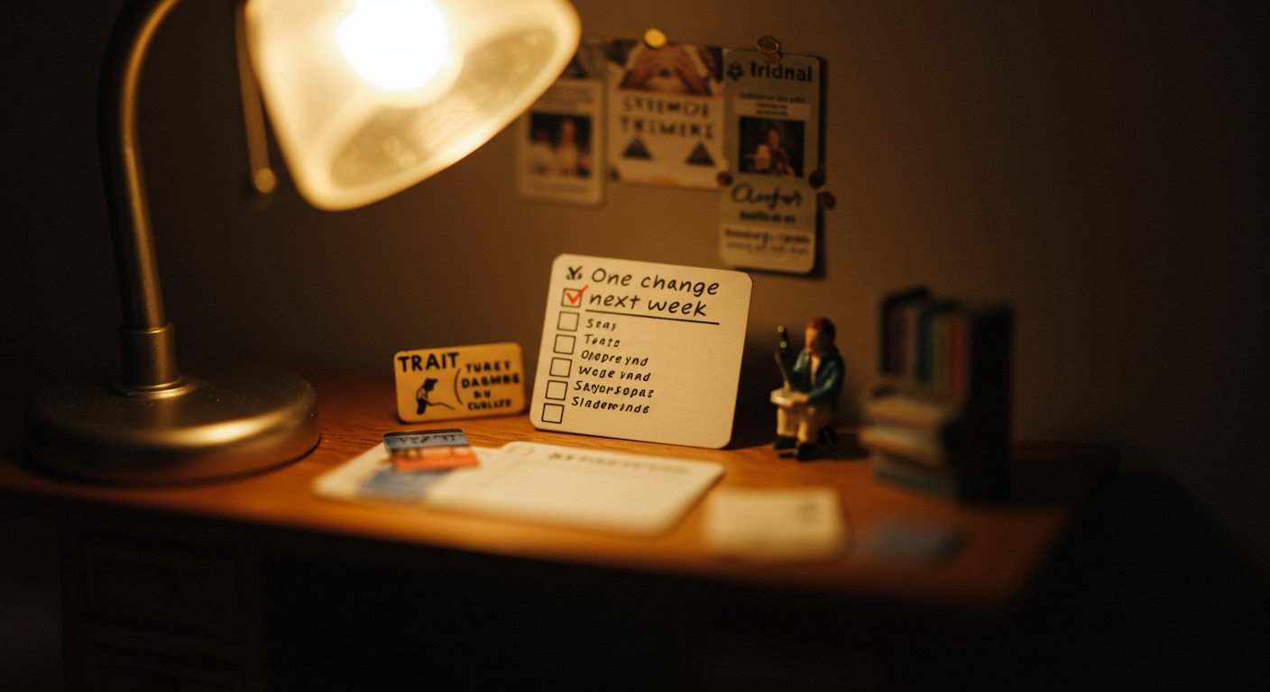 틸트쉬프트 미니어처 책상에서 다음 주 루틴을 메모하는 감성적인 마무리 장면