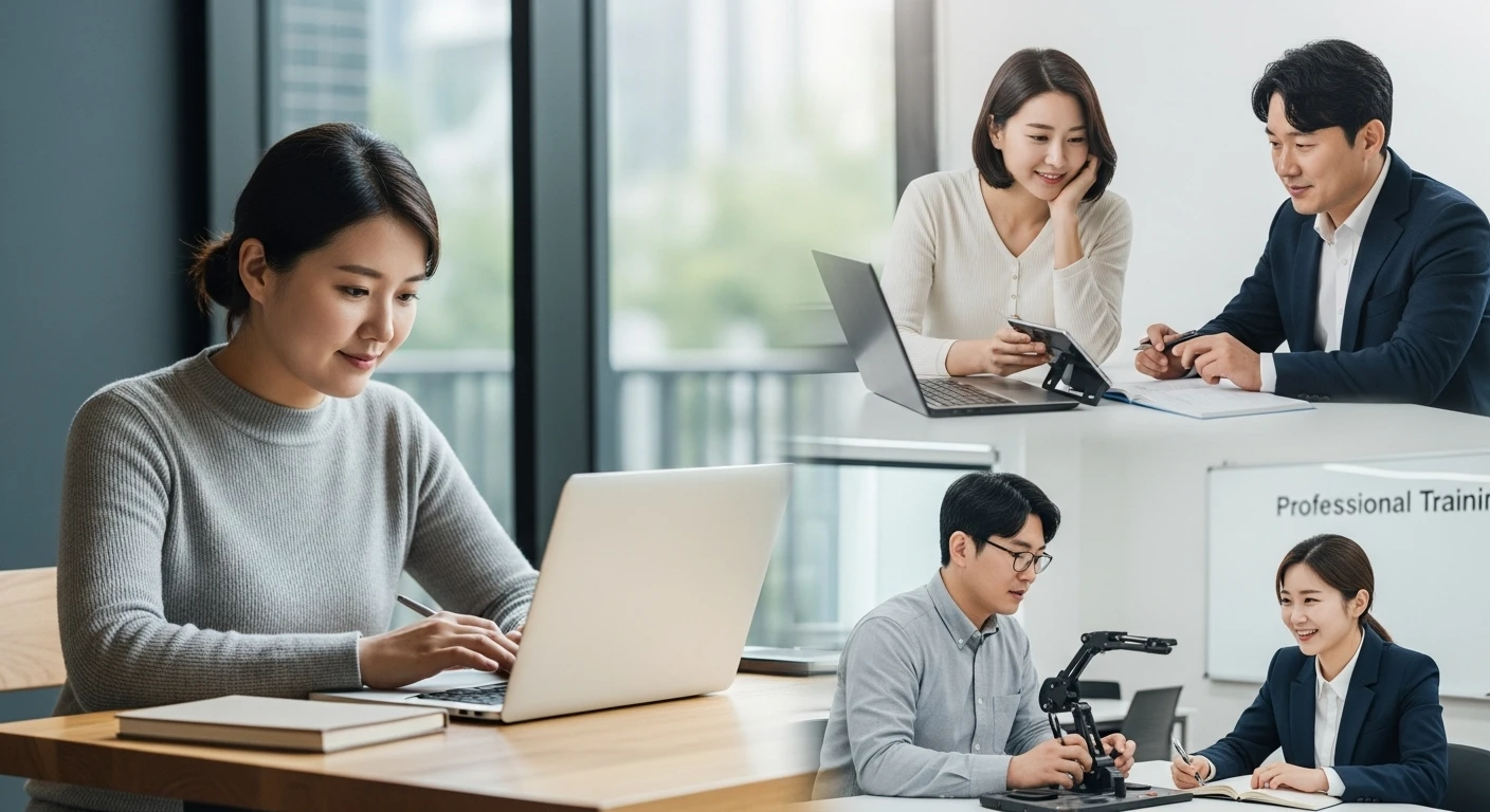 다양한 연령대의 사람들이 현대적인 환경에서 노트북으로 공부하거나 워크숍에 참여하며 자기계발에 몰두하는 모습