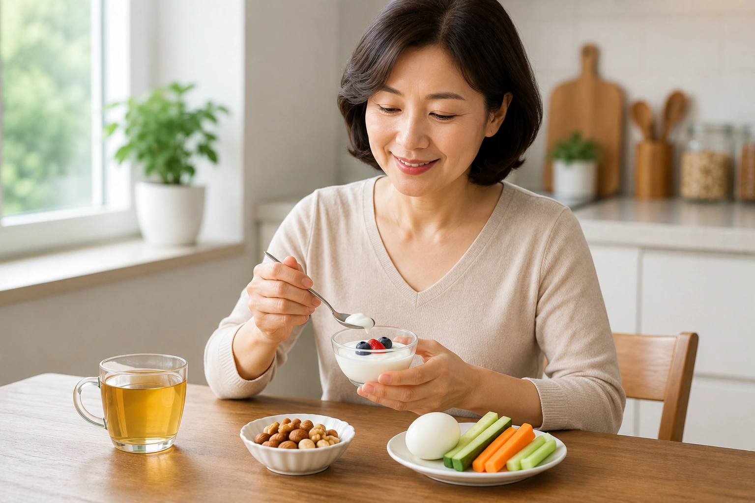 당뇨 간식을 계획적으로 섭취하기 위해 무가당 요거트와 견과류&amp;#44; 삶은 달걀&amp;#44; 채소를 적당량으로 준비한 한국인 중장년 여성의 모습