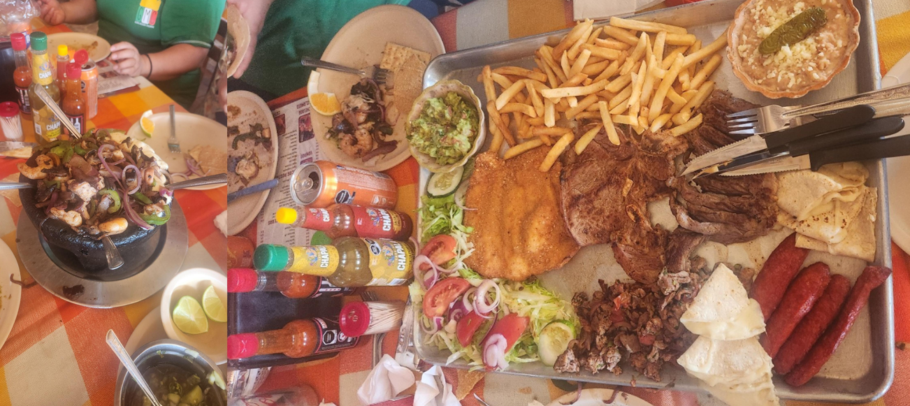 차팔라 맛집 'La Palapa del Guayabo'에서 즐긴 두 가지 대표 메뉴 – 몰카헤테 해산물 구이(왼쪽)와 해산물 &amp; 고기 믹스 플래터(오른쪽) 이미지