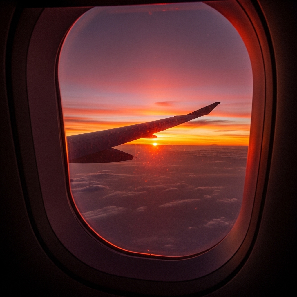 비행기 창문 너머 보이는 노을 지는 하늘