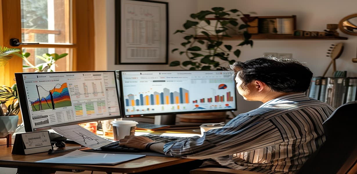 자산을 분석 중인 남성의 홈오피스 전경