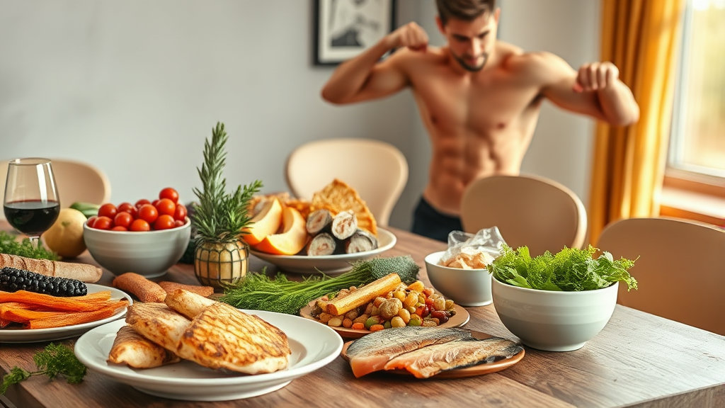 다양한 고단백 식품(닭가슴살, 생선, 콩류)이 놓인 건강한 식탁