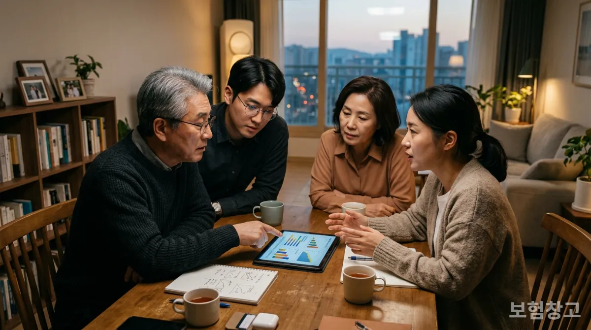 국민연금 개혁이 가족의 노후 계획에 미치는 영향을 논의하는 한국 가족