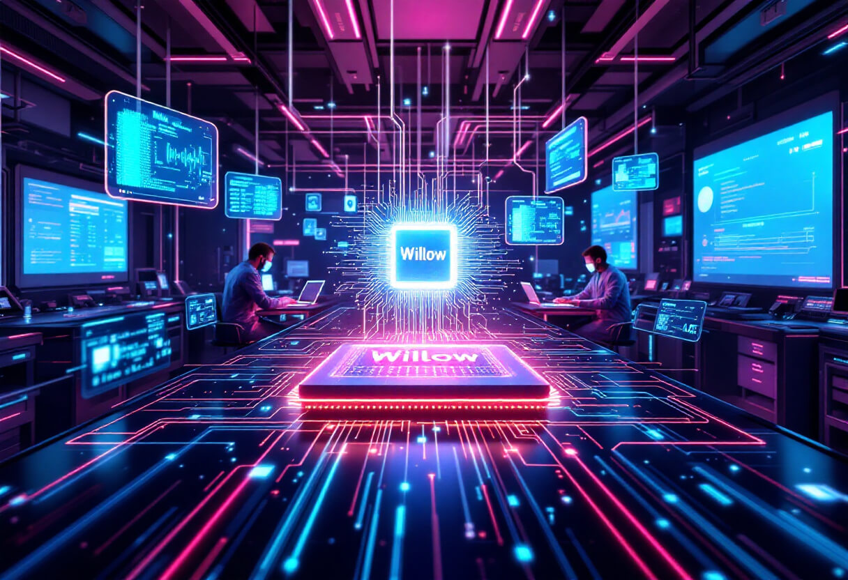 구글의 혁신적인 Willow 양자 칩이 중심에 위치한 최첨단 연구실. 빛나는 네온 핑크와 블루 톤의 조명 아래, 칩 주변에는 정교한 회로와 데이터 시각화 화면이 떠오릅니다. 연구원들이 컴퓨터 앞에서 집중하며 양자 알고리즘을 분석하고 있으며, 화면에는 양자 오류 수정과 큐비트 연산이 표시되어 있습니다. 첨단 기술과 혁신적인 분위기를 강조한 양자 컴퓨팅 연구실의 모습