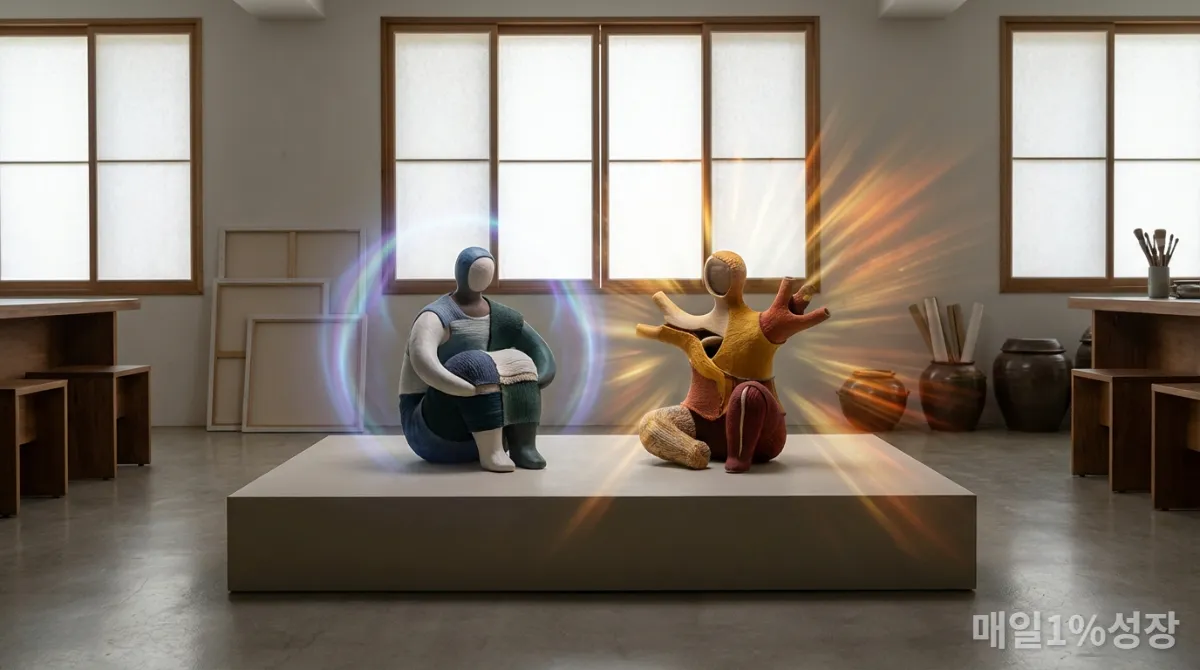 내향인과 외향인의 에너지를 상징하는 추상적인 두 인물