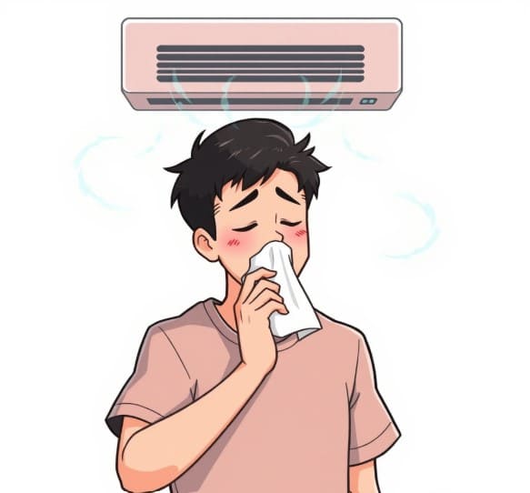냉방병 증상으로, 콧물과 재채기가 나와서 휴지로 코와 입주변을 가린 남자입니다.