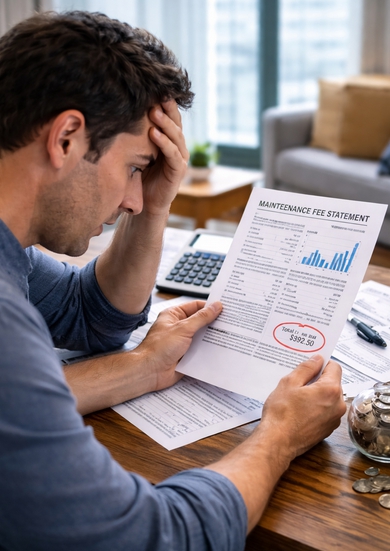 관리비 고지서를 보며 예상보다 높은 금액에 당황하는 모습