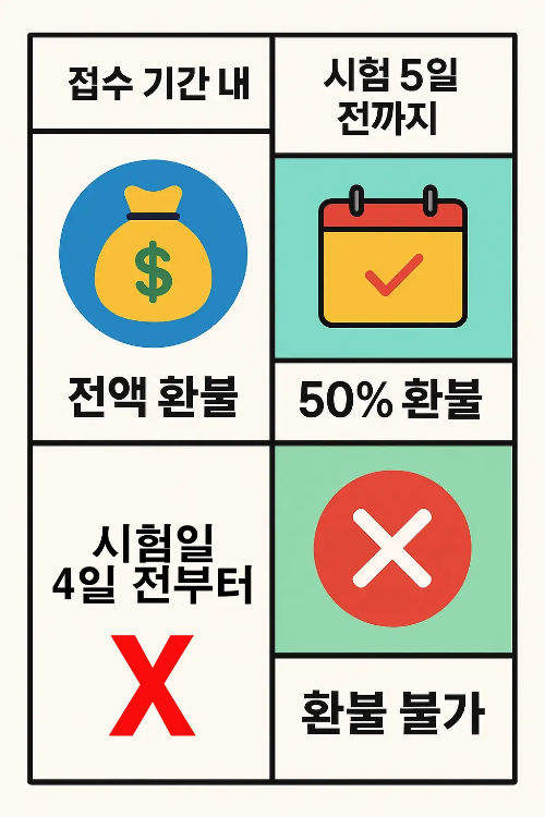 컴활2급 응시료 환불 규정을 설명하는 인포그래픽으로, 접수 기간 내 전액 환불, 시험 5일 전까지 50% 환불, 이후 환불 불가 조건을 한눈에 보여줍니다.