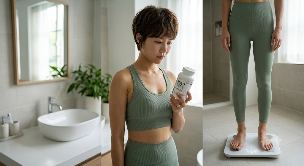 BNR 유산균을 들고 체중계에 올라간 여성