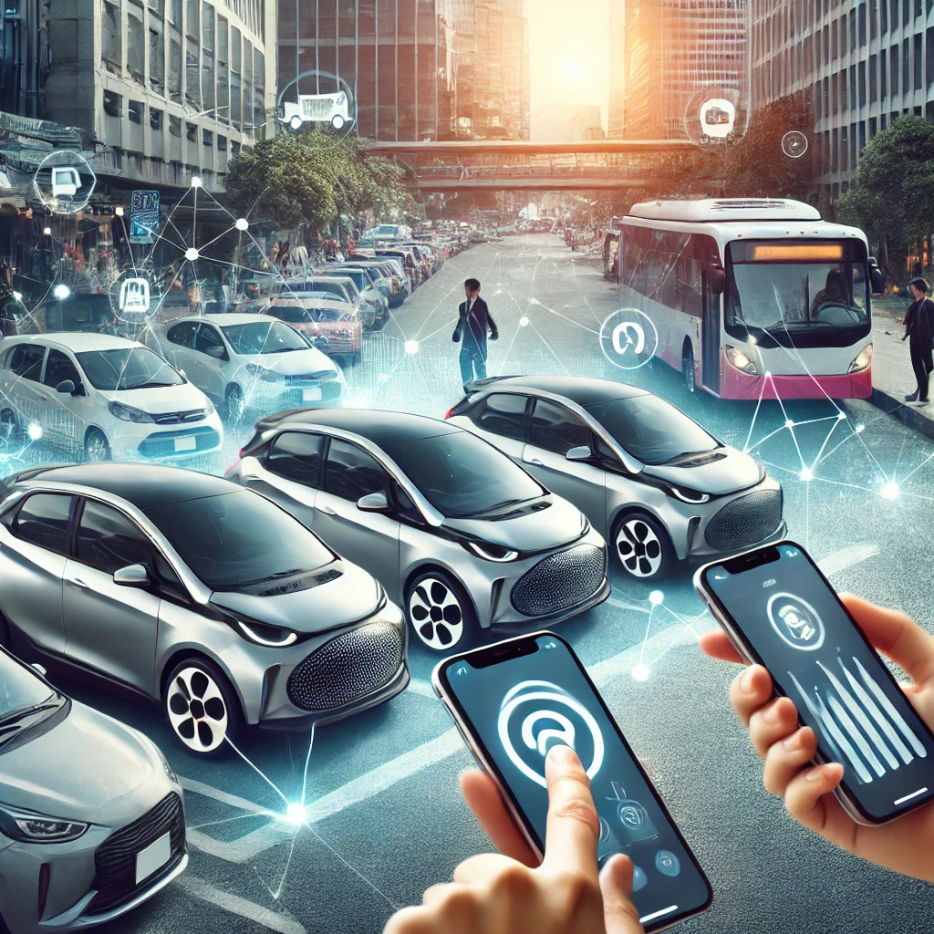 도심 지역에서 스마트폰으로 차량 공유 앱을 사용하는 사람들. 현대적이고 친환경적인 차량들이 도로에 정렬되어 있는 활기찬 장면