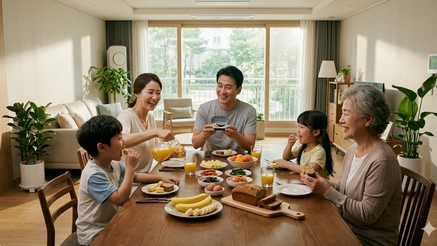 숙면 후 행복한 가족 아침 식사