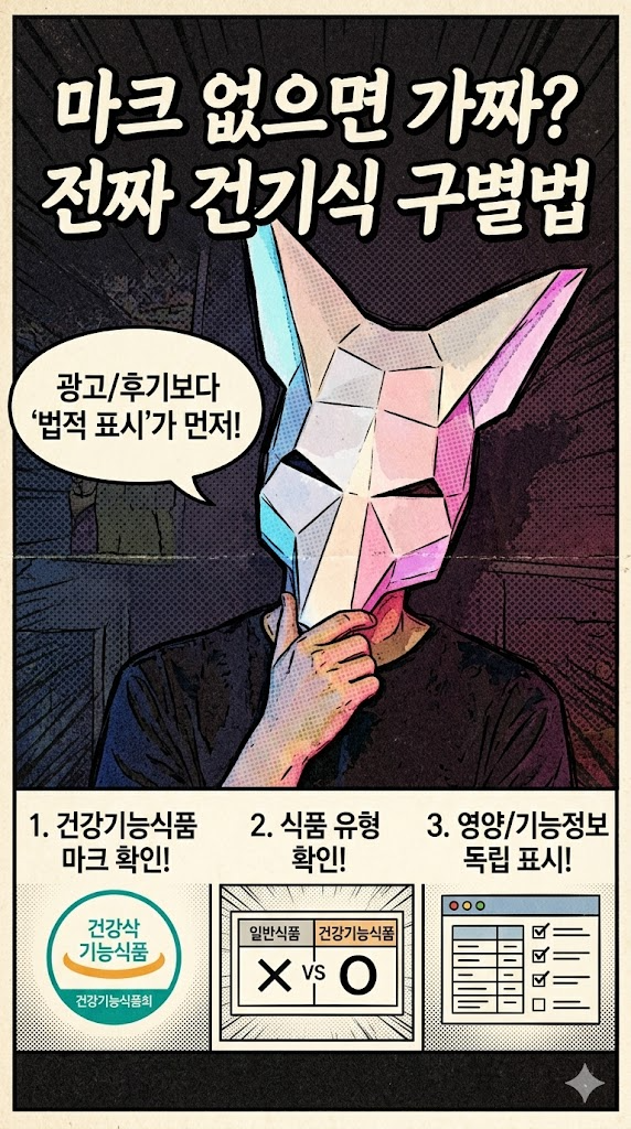 건강기능식품 마크가 없을 때 광고나 후기보다 법적 표시를 먼저 확인해야 한다는 구분법을 강조한 이미지