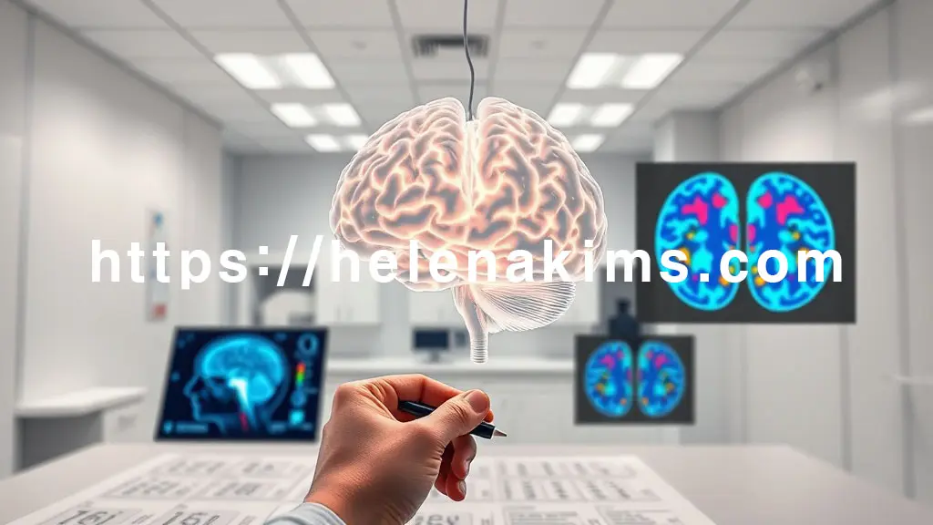 깨끗한 의료 연구실, 중앙에 정밀하게 묘사된 반투명 인간 뇌 모형, 뇌의 신경망이 은은하게 빛나는 모습.