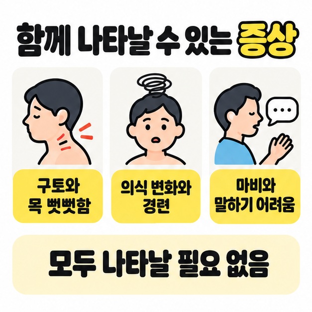 구토와 목 뻣뻣함, 의식 변화와 경련, 마비와 말하기 어려움을 세 묶음의 삽화로 보여주며 모두 나타날 필요는 없다고 설명한 증상 도식