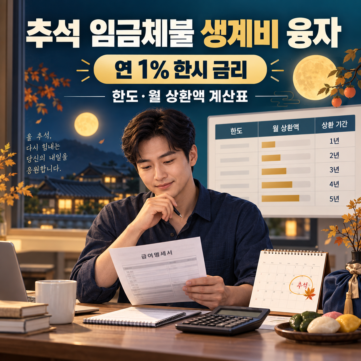 추석 임금체불 생계비 융자 계산표 - 연 1% 한도·월 상환액 확인