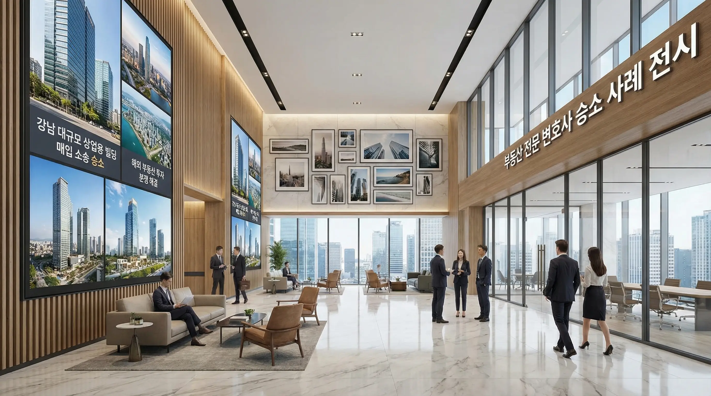 대형 법무법인 로비에 부동산 전문 변호사들의 승소 사례가 전시된 고급스러운 현대적 인테리어 사무실 공간