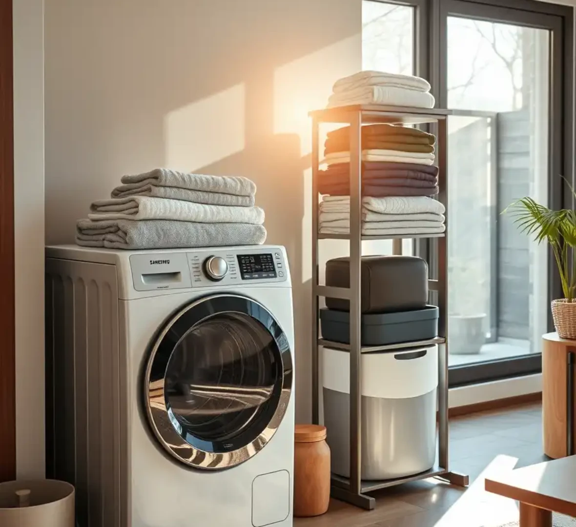 건조기 위에는 뽀송하게 마른 수건과 깔끔하게 정리된 옷들이 쌓여있다