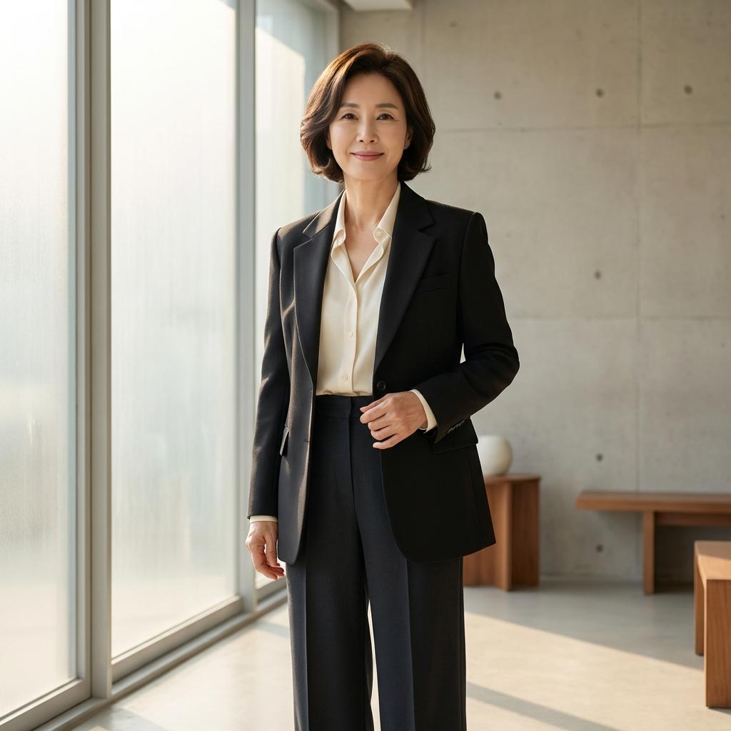 체형 커버되는 50대 여성 세미 오버핏 블랙 자켓