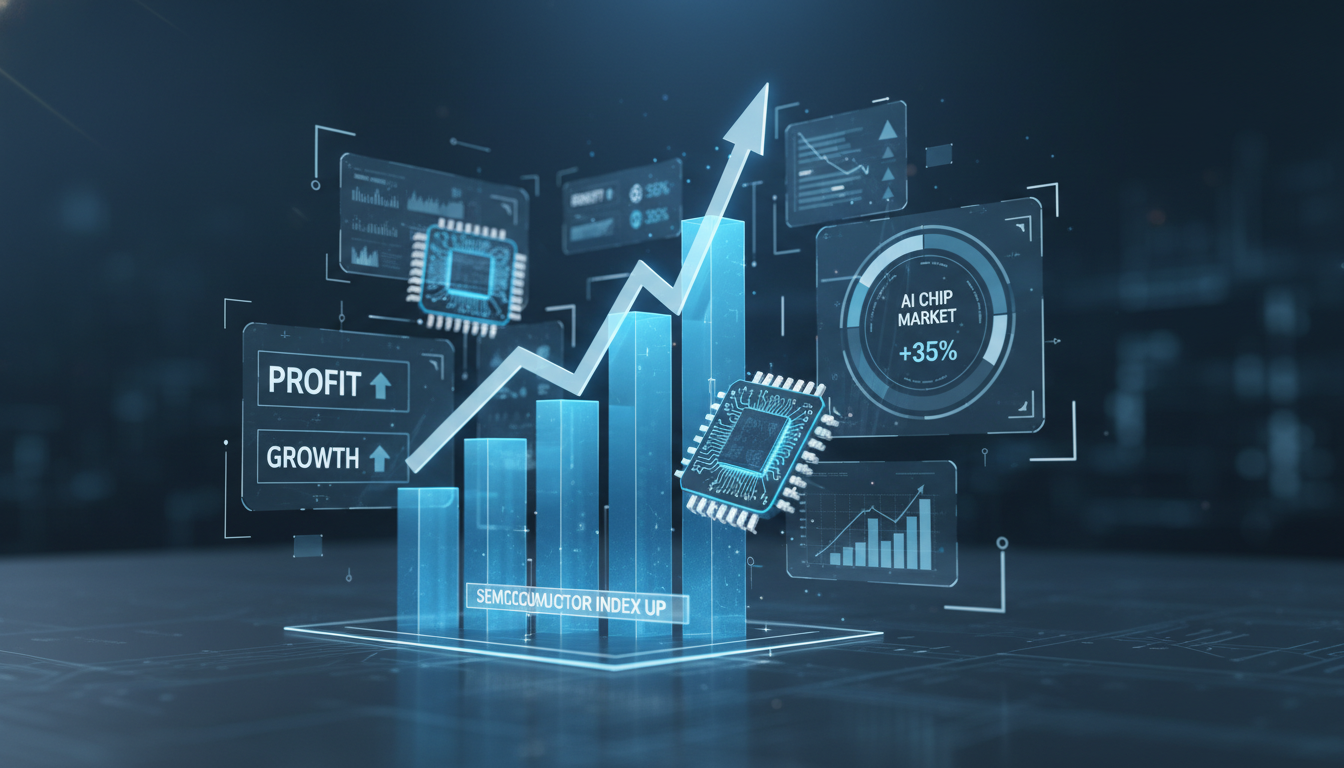 AI 반도체 시장의 폭발적인 성장을 나타내는 입체적인 우상향 그래프와 반도체 칩