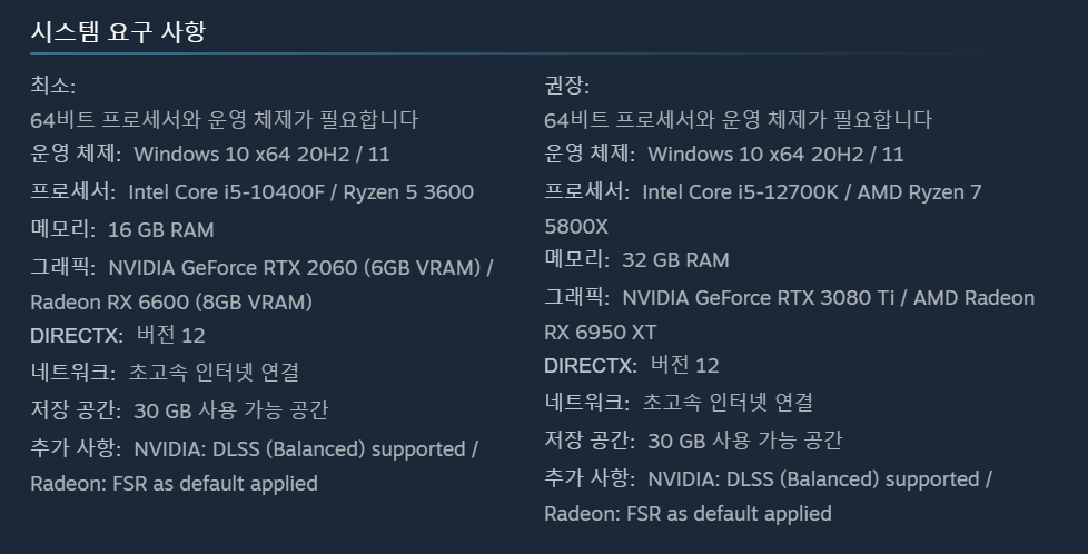 낙원 최소사양 및 권장사양