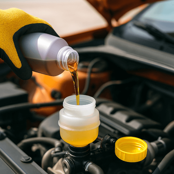 차량 엔진룸에서 브레이크액을 보충하는 장면, 주황빛 브레이크액이 반투명 리저버 탱크로 흘러드는 모습