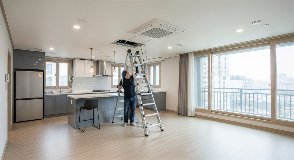 높은 천장에 설치된 에어컨으로 작업 난도가 느껴지는 실내 장면 