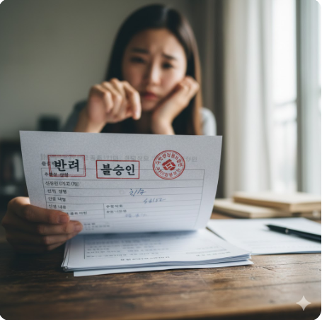 신청서 양식과 반려 도장이 찍힌 서류 이미지