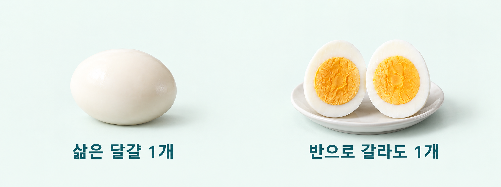 삶은 달걀 한 개와 같은 달걀을 반으로 자른 두 쪽을 나란히 보여주는 분량 그림