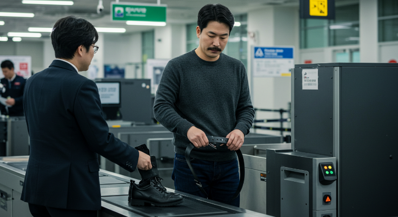 공항 검색대에서 벨트, 신발, 주머니 속 물건을 꺼내는 남성.