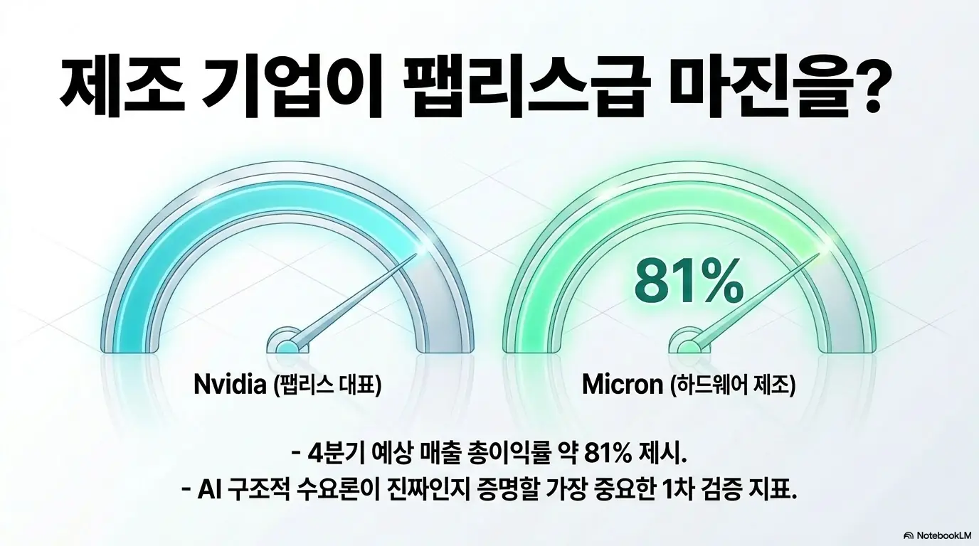마이크론 실적 발표 결과: '제조 기업이 팹리스급 마진을'이라는 문구와 81% 계기판 일러스트가 담긴 이미지. 이 이미지는 마이크론의 매출총이익률 약 81% 가이던스가 엔비디아급 마진에 맞먹으며 AI 구조적 수요론의 1차 검증 지표라는 점을 시각적으로 전달하며, 블로그의 마이크론 실적발표 관전 포인트와 관련된 내용을 설명함