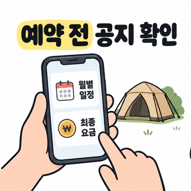 손으로 든 스마트폰에 월별 일정과 최종 요금이 표시되고 옆에 텐트가 있는 예약 확인 안내