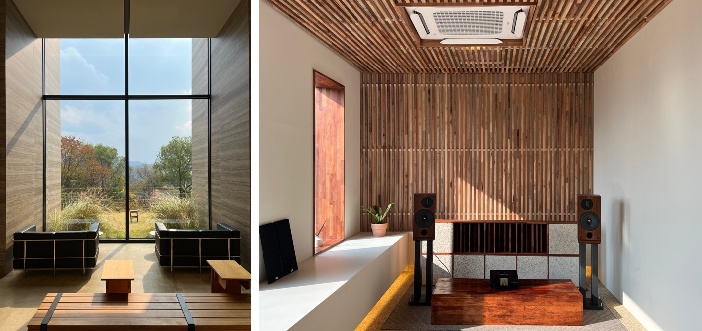 남양주 프라이빗 청음카페 써라운드 내부 인테리어 &ndash; 자연 뷰 라운지와 고급 오디오 시스템이 있는 조용한 음악 감상 공간