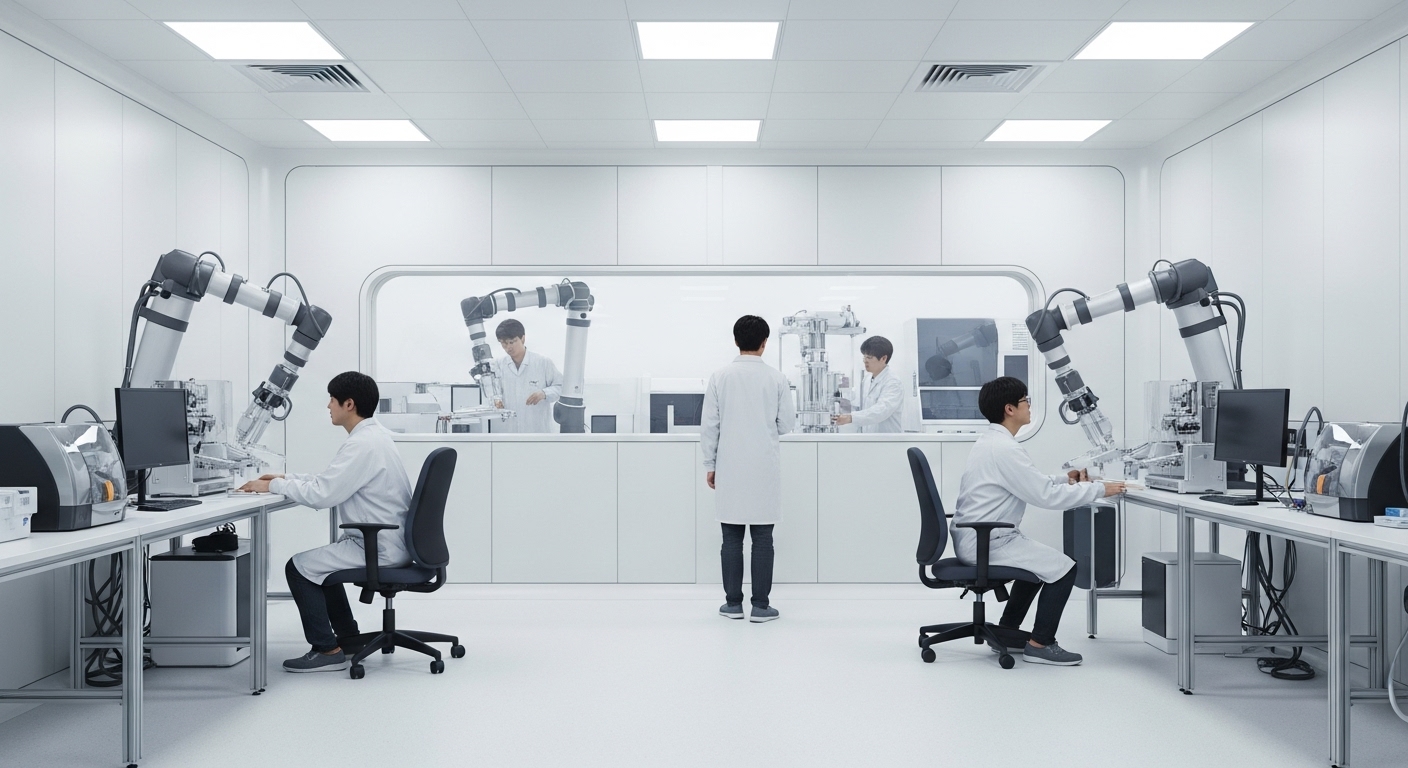 biotech facility with Korean researchers observing robotic arms conducting automated mRNA vaccine formulation for rare disease treatment