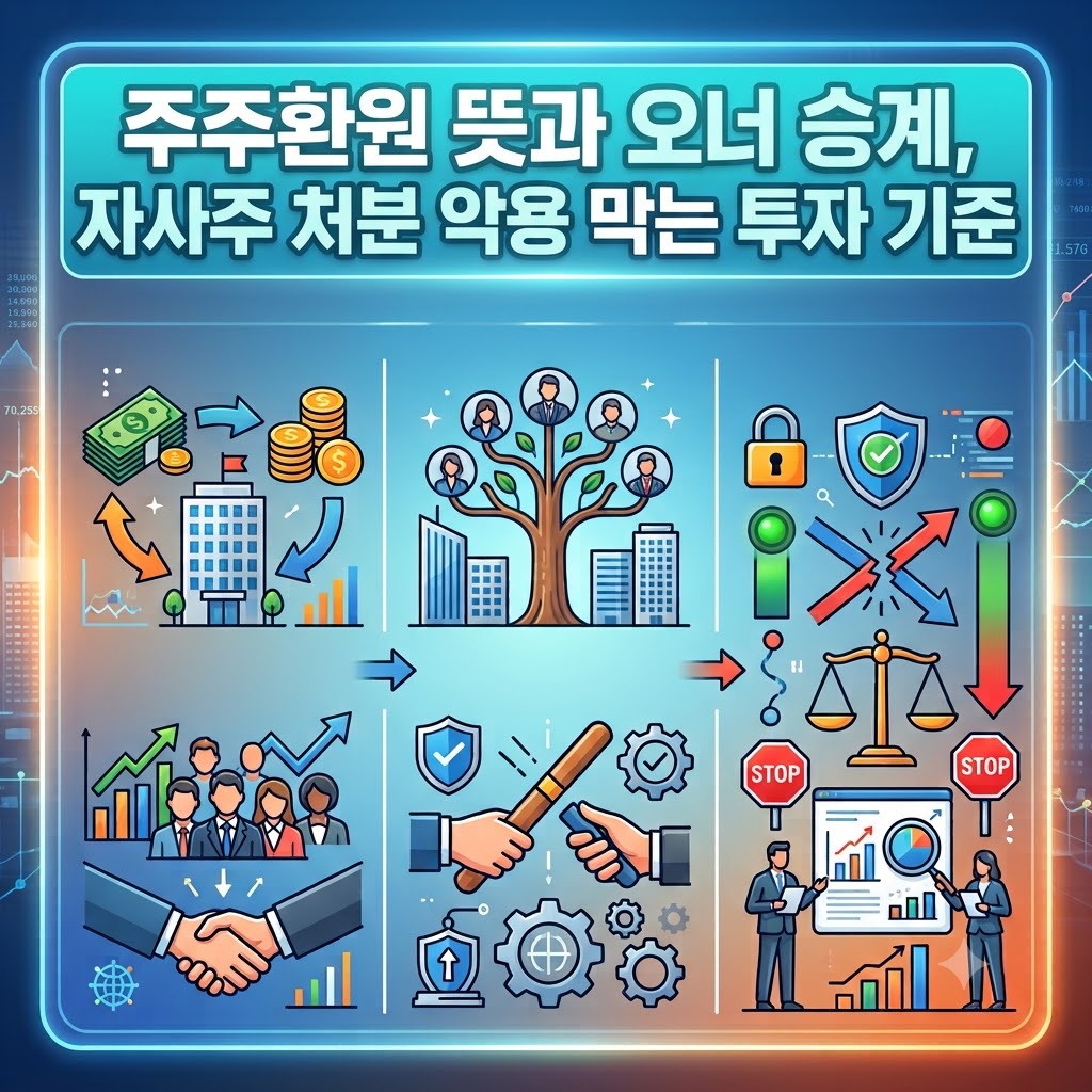 주주환원, 오너 승계, 자사주 처분 규제와 관련된 내용을 담은 인포그래픽 이미지