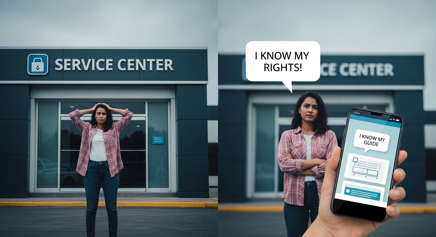 AS 정책에 대해 알게 된 후, 서비스센터에서 자신감 있게 권리를 주장하는 소비자의 모습을 담은 일러스트