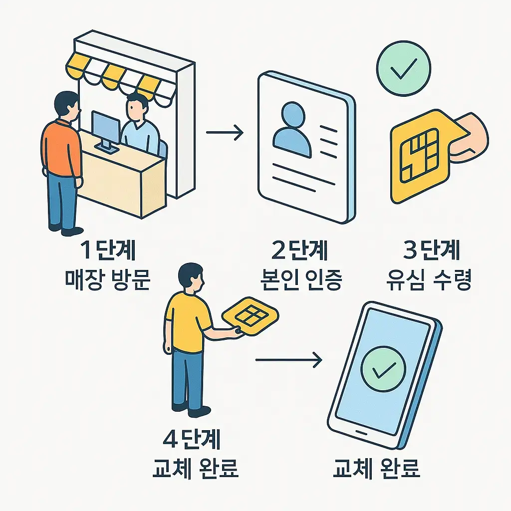 SKT 유심 무상 교체 절차를 보여주는 인포그래픽. 유심 무료 교체 방법을 4단계로 설명: 매장 방문&amp;#44; 본인 인증&amp;#44; 유심 수령&amp;#44; 교체 완료. 알뜰폰 유심 교체도 동일 절차 적용