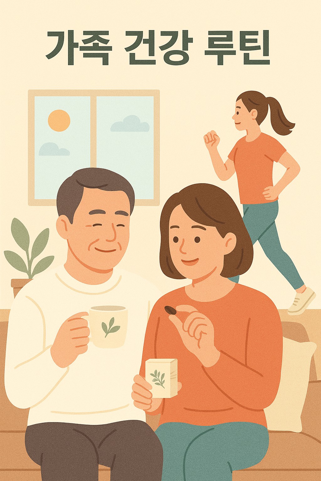 중년 부부가 아침 운동과 식탁에서 건강 보조제를 챙기는 일상 루틴