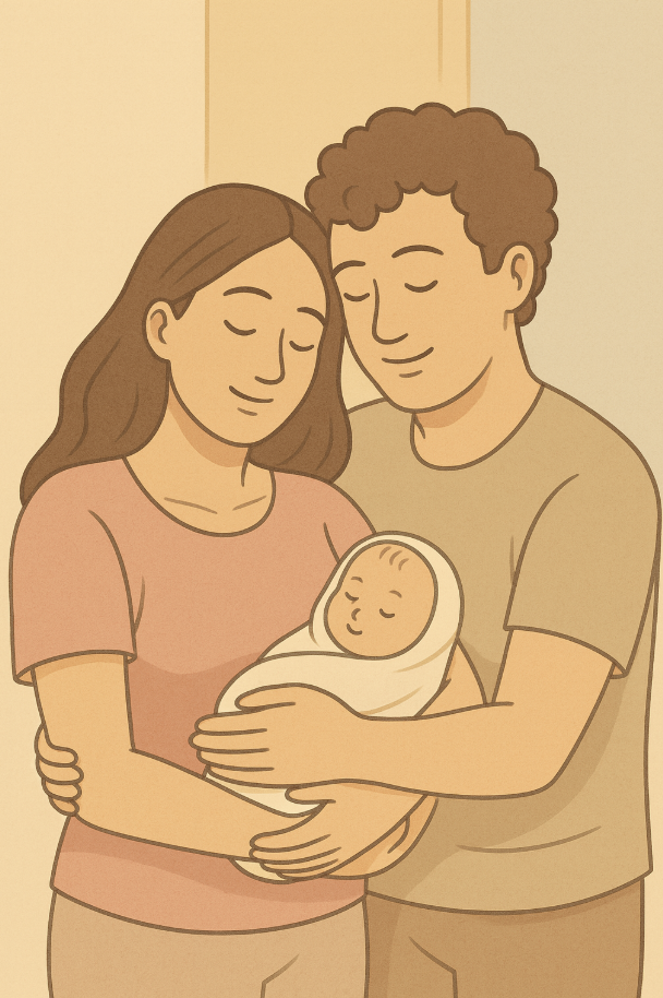 엄마 아빠가 신생아 안고 있는 사진